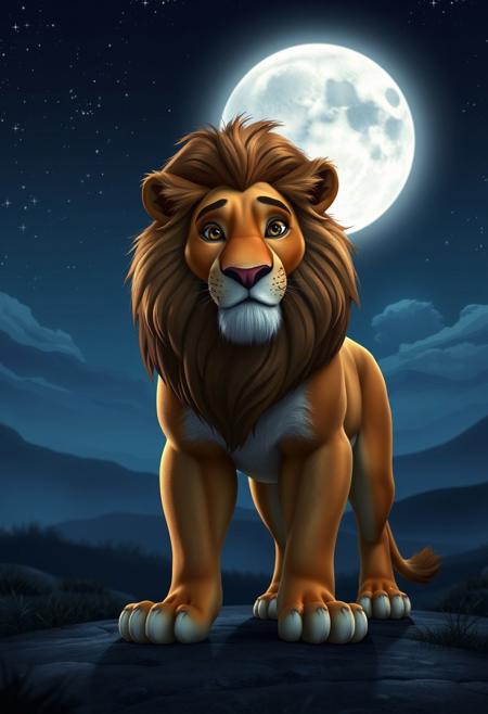 A majestic Pixar-style lion stands proudly in a moonlit night landscape. The camera frames the lion's regal pose against a serene, star-studded sky with a full moon casting a silver glow on the surrounding terrain. Soft, gentle lighting accentuates the lion's fur, while the dark shadows beneath its paws and around its eyes create depth.