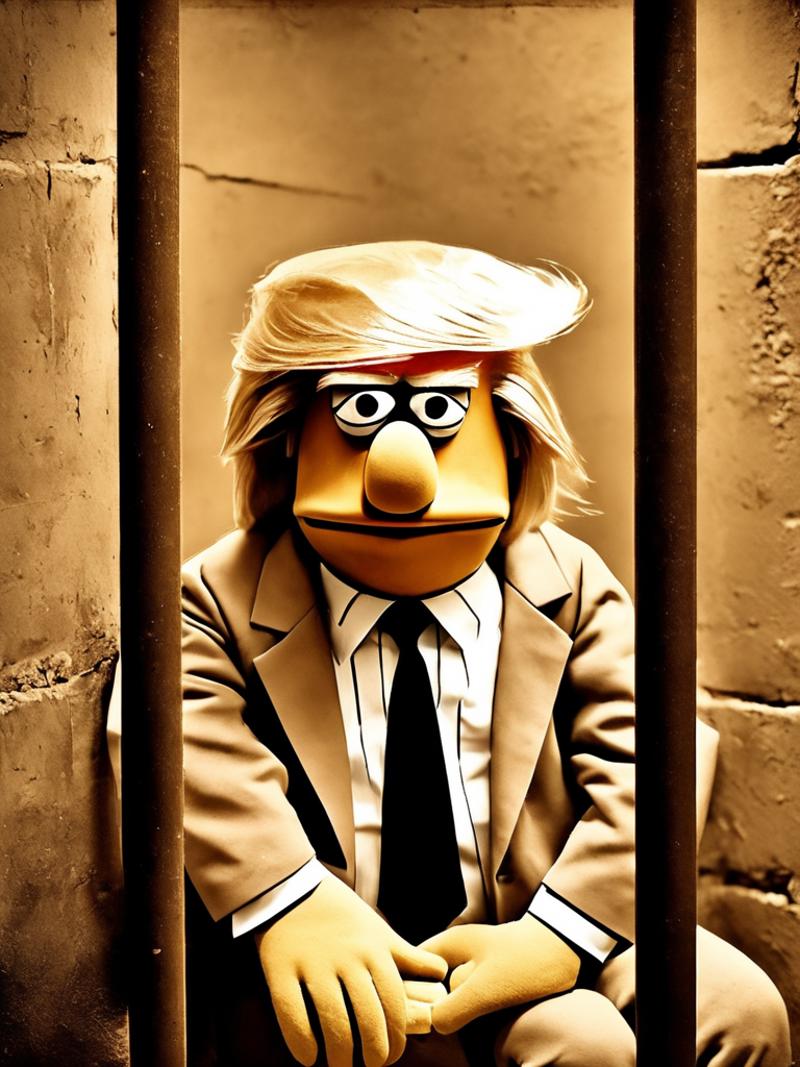 A Muppet in a suit sitting in a jail cell.