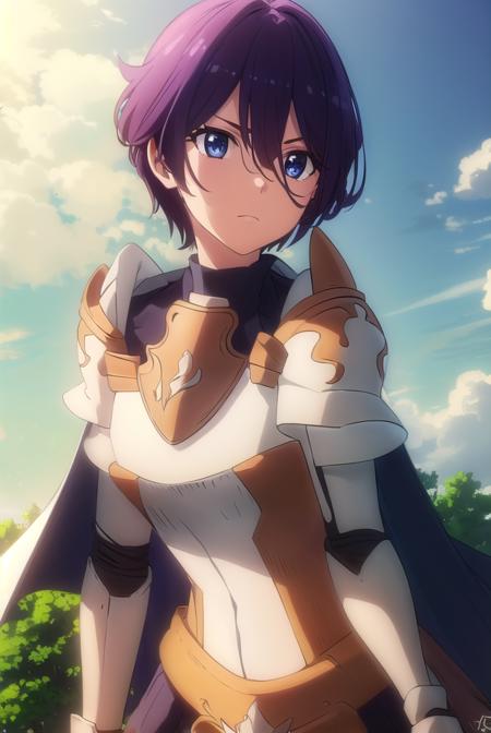 beefeaterecaty, <lora:beefeater e caty s2-lora-nochekaiser:1>,
beefeater e caty, short hair, purple hair, blue eyes, hair between eyes,
BREAK skirt, gloves, cape, armor, shoulder armor, gauntlets,
BREAK outdoors, forest, nature, sun, sky, clouds, trees, grass,
BREAK looking at viewer, (cowboy shot:1.5),
BREAK <lyco:GoodHands-beta2:1>, (masterpiece:1.2), best quality, high resolution, unity 8k wallpaper, (illustration:0.8), (beautiful detailed eyes:1.6), extremely detailed face, perfect lighting, extremely detailed CG, (perfect hands, perfect anatomy),