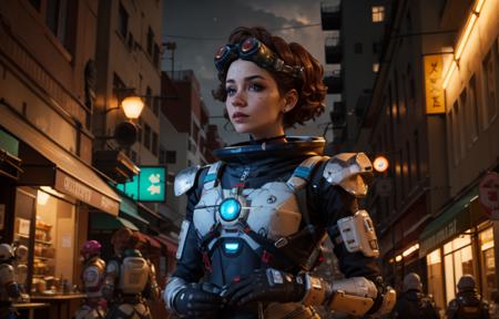 masterpiece,  best quality, 
(solo), 1girl, look sideways, dim light, 
Horizon_\(apex legends\), goggles, blue eyes, brown hair, gauntlets, shoulder armor,  headwear, (freckles:0.5), 
science_fiction, outdoors, street, neon lights, cyberpunk,