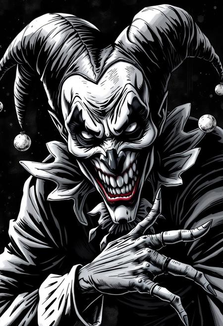 A creepy haunted jester in a comic book style, rendered in jet black ink with strong hard light, highly detailed linework, dynamic composition, polished finish, superhero themes, expressive features, dramatic pose, and deep shadows.