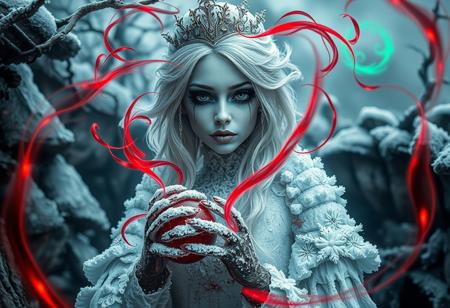 “A hyperrealistic depiction of an ice princess with an eerie ambiance, wearing heavy gothic makeup, set in a rotten and decayed world. The scene is intricate with frost-covered elements, blending a fantasy horror concept with a dark fairytale wonderland background. Red and acid green color twirls swirl through the scene, adding an ominous and sinister touch. The white and gold color palette contrasts sharply with decayed, rotting surroundings and the red and green accents, creating a haunting atmosphere. The image uses a 12mm lens effect to enhance depth and distortion, with sharp contrasts, deep shadows, and an ultra-detailed photorealistic style. The ice princess appears both enchanting and terrifying, emanating mesmerizing visual storytelling in a chilling, frost-bitten, and decayed environment. A rotten writing in wood reads ‘a buzz 4 the Queen?’.”