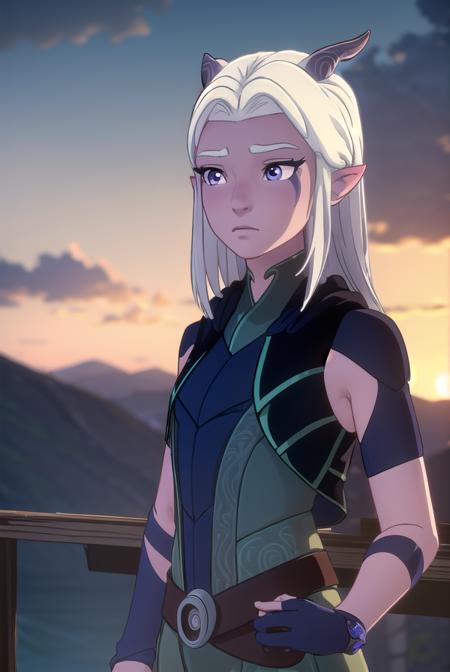 rayla, long hair, white hair, horns, pointy ears, (purple eyes:1.1), boots, belt, bodysuit,