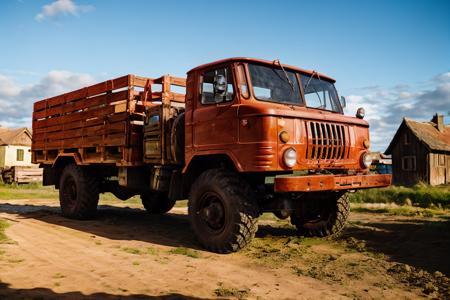 photo RAW,(<lora:gaz66:0.7>, a (red:1.15) truck driving down a ol wooden village), masterpiece, award winning photography, lighting, perfect composition, high detail, hyper realistic,dramatic lighting, epic