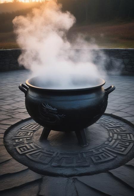 A dragon-shaped cloud of fog rising from a cauldron, surrounded by mystical runes carved into the ground
   Composition: Framing (cauldron), Leading Lines (runes leading to the fog)  
   Lighting: Backlighting from an eerie glow beneath the cauldron, soft light for fog detail  
   Depth: Shallow depth of field to focus on the swirling dragon fog,aidmaHalloweenBoost