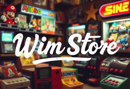 LOGO WRITE cintage video game store mario sonic lot of video ame in background
