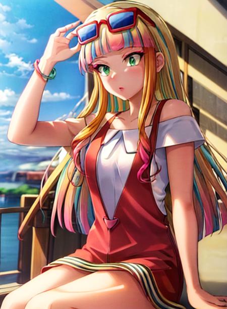 best quality, (masterpiece),(ultra-detailed), (high quality), (high resolution),<lora:add_detail:0.5> , <lora:risa-10:1>,risa, long hair, blonde hair, green eyes, multicolored hair, bangs, pink hair, blunt bangs, makeup, sunglasses