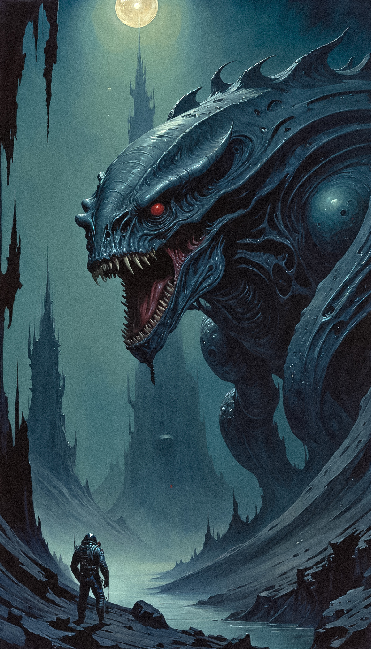 A monster with razor-sharp teeth and red eyes, standing in front of a castle and towers.