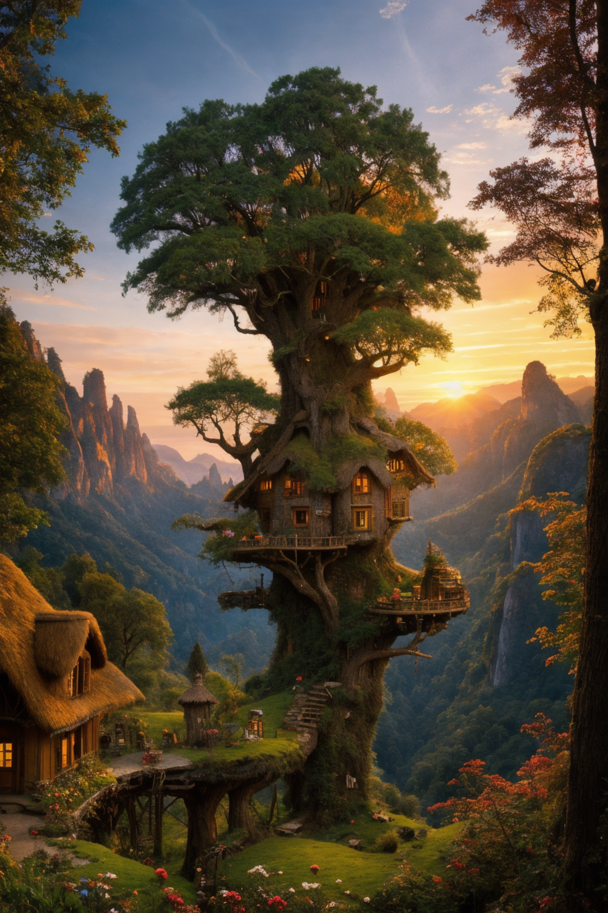 A magical scene of a tree with a house in it and a sunset over a mountain.