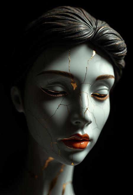 Cracked Porcelain woman face, kintsugi, cracks repaired with gold, surrealistic, dark background, dramatic light