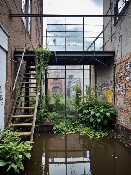 A hyperrealistic scene set in a narrow alleyway after rain, with a dense, grey sky overhead. To the left, a fire escape clings to a building, its structure overrun by hanging plant life. Directly in the center, a mural of a large, expressive eye on a brick wall gazes out at the viewer, surrounded by wild urban art and tags. To the right, a greenhouse with shattered panes stands juxtaposed against the concrete surroundings, wildflowers and greenery spilling out. The foreground should feature puddles reflecting the scene, adding depth and a sense of recent abandonment. Emphasize a palette of subdued colors and the wet textures of the environment for a reflective mood. <lora:EnvyBetterHiresFixXL01:0:hr=1>