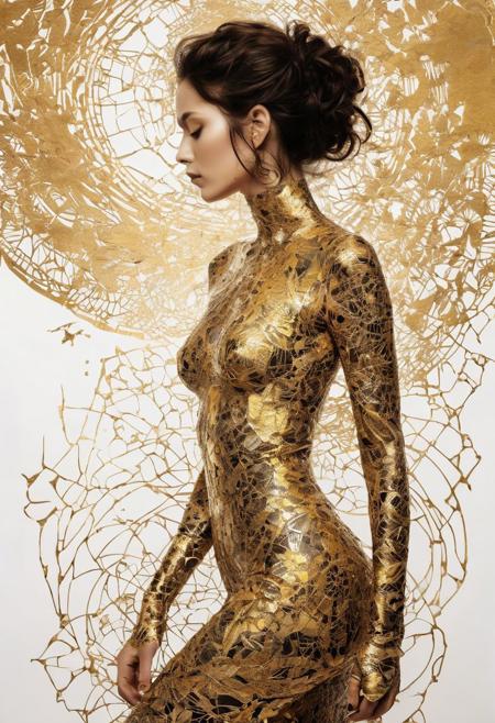 (Soft Lighting Photography by Mimoza Veliu and Mario Giacomelli:1.2), cat, gold elemental, cracked earth, crater, silhouet style,  essence of gold, at Dawn, Bauhaus Art, (monochromatic art by Junji Ito, Carne Griffiths, High contrast, minimalistic), gold and white, dramatic, (silhouette weaved from splahes of gold, body of coins and gold), (clothed in gold, encased in gold),nudity, intricate details, (zentangle tattoo), scar, (((fractal art), (((abstract art))), (((psychedelic art))))), <lora:Disturbia:0.43> <lora:RMSDXL_Enhance:0.5>