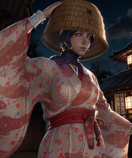 Orin,tengai,basket over head,blue eyes,
floral print,kimono,long sleeves,chin strap,
standing,upper body,
night,village,
(insanely detailed,  masterpiece, best quality),<lora:Orin:0.8>,