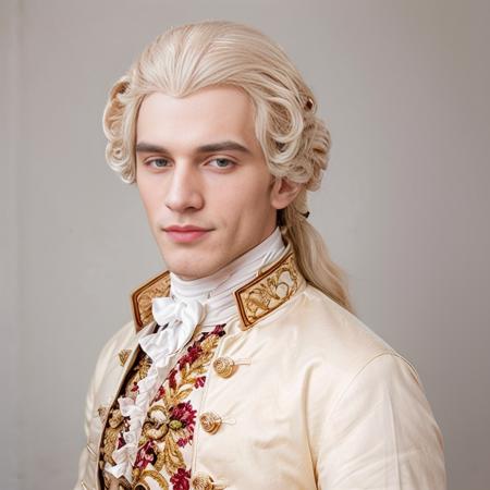 <lora:18th_Century_man_V0-000018:0.8> w16hsl1ps, 1boy, 1man, professional studio quality modeling headshot, 4K, 18th century clothes, historical wig, white hair, simple background, dramatic lighting, ultra realistic photograph, professional art, by Gucci photographer, close-up, pink lips, yellow coat, (from front:1.1), long hair, looking towards viewer, facing viewer, (smiling, laughing:1.1)