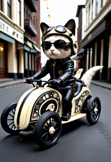 (made of Ebony and Ivory Scrimshaw:1.3), bone carving, from side, full body shot, cute small Scrimshaw classic sports car, cat driving, wear round goggles, wear animal ears helmet, run through on city street, Dust, cinematic, cinematic lighting, (masterpiece, best quality:1.4), ultra-high res, 4k, Photorealistic, insanely detailed, sfw,