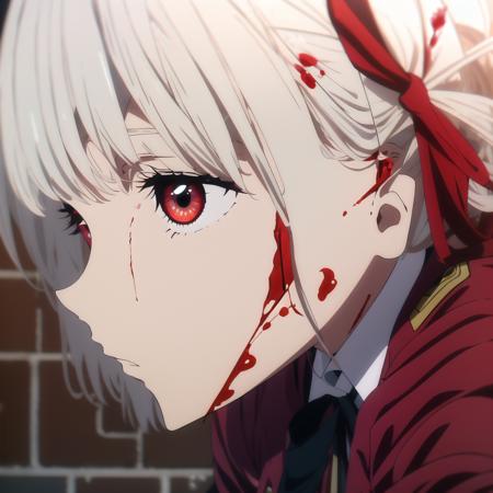 high quality, best quality, masterpiece, absurdres, chisato nishikigi, uniform, 1girl, <lora:chisato:0.9>, red_jacket, basement, blood, blood_on_wall, [blood_on_face], empty_eyes, expressionless, looking_away, [crouching]