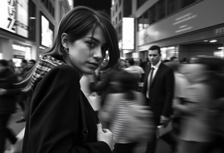 A cinematic black-and-white photograph capturing a tense moment on a busy urban street. In the extreme foreground, a young woman with short hair is shown in mid-motion, her upper body facing forward as she twists her head back slightly — not toward the camera, but off to the side — as if someone has softly called her name. Only the side of her face is partially visible, blurred due to motion, and strands of hair fall loosely across it. Her expression is tense and alert, and she clutches her bag near her chest. The woman is out of focus and blurred, conveying movement and uncertainty. In the background, standing still in the midst of a motion-blurred crowd, is a sharply focused man in a dark suit — isolated, quiet, and intense. The image uses long exposure, shallow depth of field, and high-contrast black-and-white tones to create an emotional, atmospheric composition filled with suspense and unspoken tension.