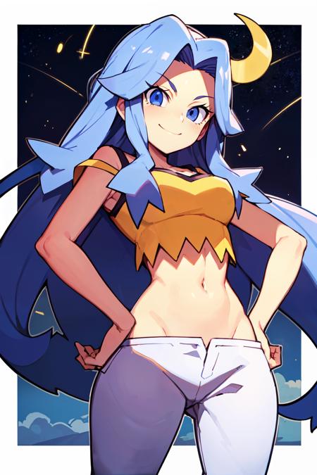 karen (pokemon), blue eyes, blue hair, long hair,  karen (pokemon), blue eyes, blue hair, long hair,  yellow crop top, white pants, high heels, 