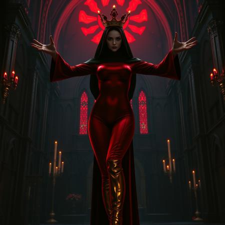 ((score_9, score_8_up, score_7_up)), (((character design, sci-fi warrior women, feminine power, perfect anatomy))), 
An enigmatic figure of a (occult)nun(caucasian), her red (skintight_sealed_bodysuit)habit sexy, conducting a sensual occult ritual inside a dark cathedral at (red)midnight. Her (eyeless)mask, elaborate crown, (fully)conceals her identity, adding to her mystique and allure. gold stiletto platform thigh boots, big breasts, tiny waist, flat abs, naughty, looking at viewer, seducing with her body, dancing towards viewer with her arms extending up, sexy ass seductive wide hips, butt cheeks, twerk, huge perky breasts, in the style of a vintage, high-contrast setting. Emphasize theatrical elements with a bit of bright colors against dark, moody backgrounds
,big butt, booty, bubble butt, <lora:add-detail-xl:2>