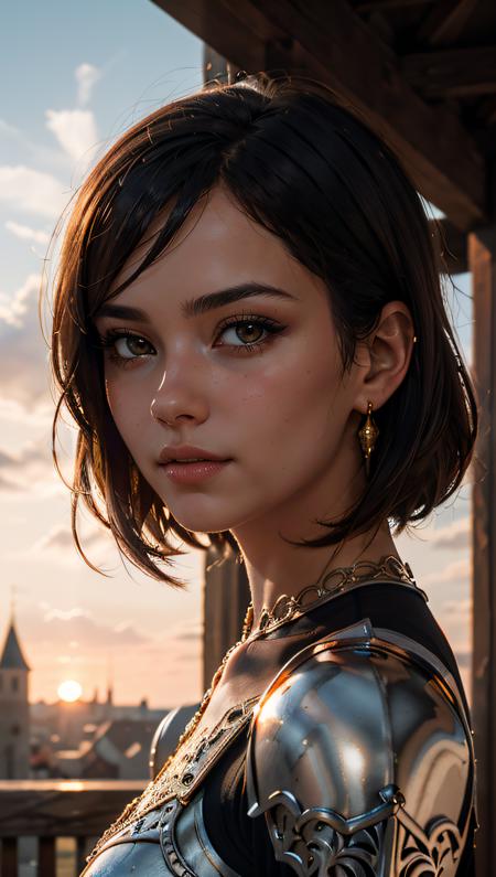 Portrait of a girl, the most beautiful in the world, (medieval gold armor), metal reflections, upper body, outdoors, intense sunlight, far away castle, professional photograph of a stunning woman detailed, perfect bobbed sexy intense black hair, sharp focus, dramatic, award winning, cinematic lighting, volumetrics dtx, (film grain, blurry background, blurry foreground, bokeh, depth of field, sunset,interaction, Perfect chainmail), (masterpiece), (extremely intricate:1.3), (ultra realistic), HDR