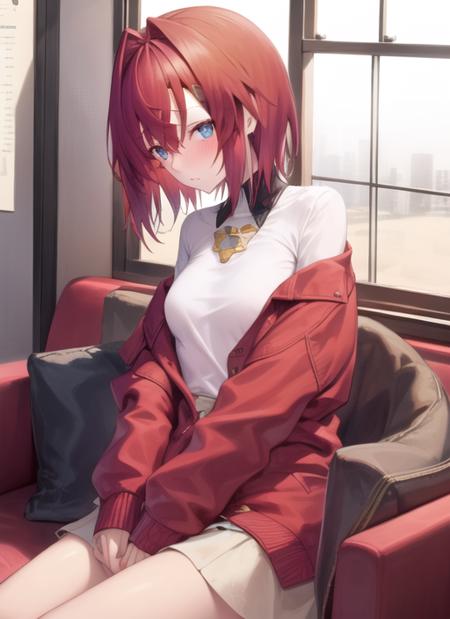 sad,hugging own legs,red hair,virtual youtuber,1girl,short hair,blue eyes,hair between eyes,hair ornament,solo,bangs,hairclip,hair intakes,jacket,blush,breasts,shirt,off shoulder,long sleeves,ange style,<lora:ange_01:1>