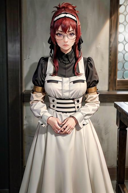 (masterpiece:1.4),(best quality:1.4),(absurdres:1.4),pin-up,	<lora:ANIME_LiliaGreyrat_aiwaifu-10:1>,	LiliaGreyrat_aiwaifu,red hair,long hair,glasses,hairband,purple eyes,bangs,large breasts,maid headdress,ribbon,semi-rimless eyewear,hair ribbon,under-rim eyewear,hair between eyes,black ribbon,folded ponytail,ponytail,sidelocks,maid,apron,long sleeves,maid headdress,shirt,dress,black shirt,puffy sleeves,black dress,juliet sleeves,maid apron,white apron,collared shirt,garter straps,garter belt,wrist cuffs,long dress,		(absurdres, highres, incredibly_absurdres:1.4),scenery,masterpiece,