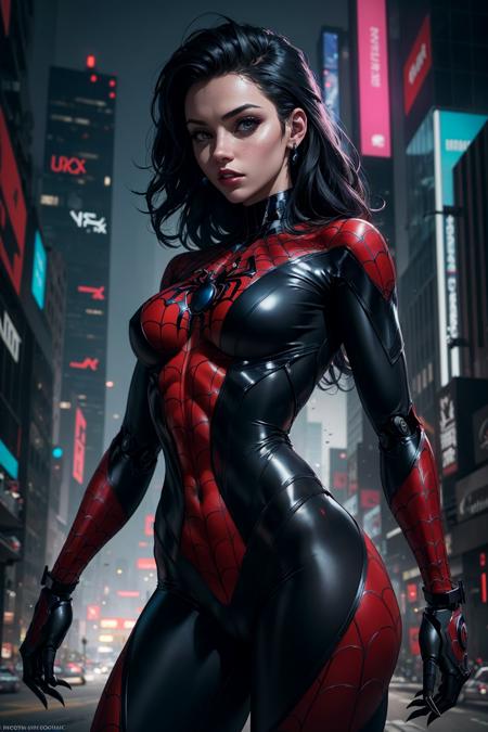 1girl in a black spider man costume 2099, biomechanical, complex robot, insane fine details, Extremely sharp lines, cyberpunk aesthetic