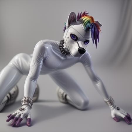 puppernova,all white pup mask,puppy,white puppy mask,white pup hood,skinny,slender,thin,spikey rainbow mohawk,all white latex suit,white boots,white platform boots,buckles,white spike bracelets,white spike collar,shinny white,squeaky,rubber pup,solo:1.5,gloves,1boy,male focus,boots,fingerless gloves,white bodysuit,all white mask,white helmet,white ears,<lora:More_details:1>,<lora:Furtastic_Detailer:1>,anime eyes,two tone blue and purple eye color,<lora:puppernova:0.6>,puppernova pup,(highly detailed:1.4),(detailed face:1.4),skin tight shiny bodysuit,on hands and knees,on all fours,
Random view point,