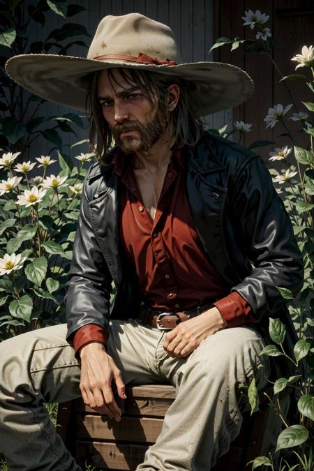 MicahRDR, male focus, 1boy, solo, beard, hat, facial hair, shirt, pants, sitting, flower, red shirt, cowboy hat, plant, cowboy western
<lora:epi_noiseoffset2:1>,   <lora:MicahRDR:0.7>