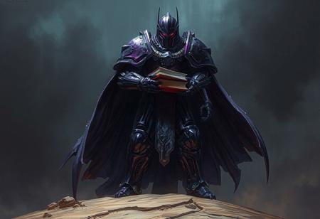 A Drill Warrior stands on a House of Sand with sleek, purple armor, embodying doomsday in a detailed, full-shot illustration. The dark knight's strong walls are enhanced with a dark washed tint and led color, holding a stack of books. The art, inspired by Beksinski, Dan Mumford, Hajime Sorayama, and others, features a dark, detailed background with intricate, hyper-realistic details. This digital painting, trending on ArtStation and CG Society, boasts porcelain skin and 8k resolution, aiming for an HD, award-winning concept art piece.