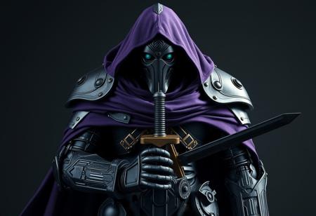 Create a highly detailed, 8k panorama shot of a dieselpunk robot, inspired by Charles Fremont Conner's style, wearing a full-body purple cloak and heavy armor, with a refined face and muzzle, holding a sword. Incorporate dark paint and design elements reminiscent of Alphonse Mucha's art nouveau style, using Unreal Engine. Ensure the image is symmetrical and features the robot in a powerful, warrior-like pose.