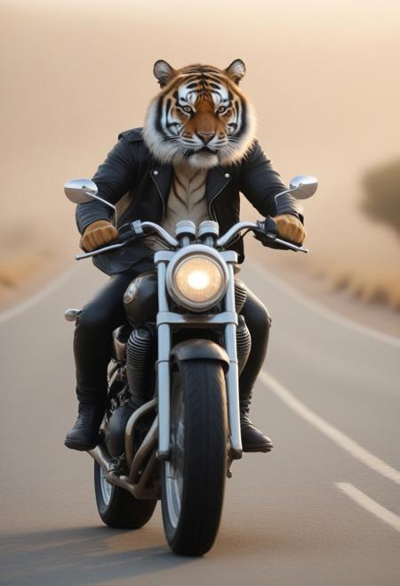 Create an image featuring a majestic, anthropomorphic (((tiger))) riding a motorcycle down the highway (soft focus). The camera captures a full-body shot with ultra-realistic rendering at 4K resolution and high detail level. Depict the chubby male tiger wearing black leather biker gear protecting his entire body. His serious expression doesn't conceal an amused smirk, eyes gleaming with a hint of wisdom amidst his scruffy fur as if pondering the mysteries of the open road and desert background (warm golden lighting). The overall atmosphere is one of gravitas and contemplation, inviting the viewer to ride along in the tiger's world (atmospheric mist in the background). Full body in frame, feet in frame