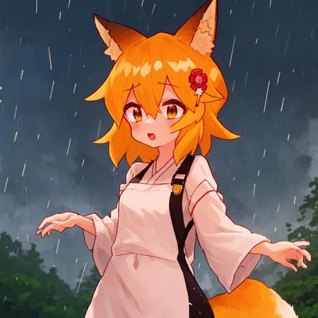 ((best quality:1), (masterpiece:1), (ultra-detailed:1):1.3), dark night, low brightness, detailed background, cinematic lighting,, sen, animal ears, fox ears, fox girl, fox tail, hair flower, hair ornament, orange eyes, orange hair, short hair, tail, flat chest, 1girl, solo, kimono, miko, japanese clothes,, upper body, ((white dress, dress)), forest, rain, darkness, moon, wet clothes, deserted spaces, detailed background, post-apocalypse