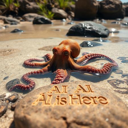 a very detailed close picture of an octopus on a beach half in the water between rocks and water sea plants, sunny beach, "AI is Here" logo engraved  on rock under water