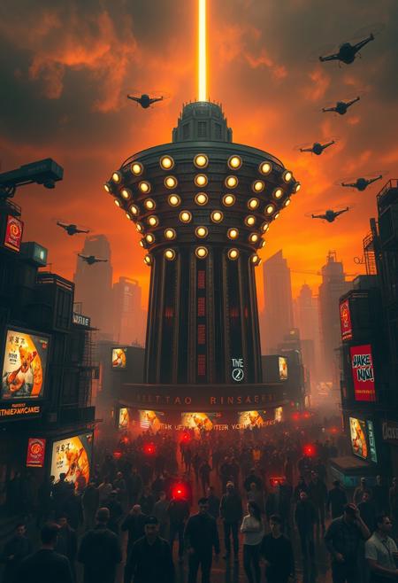 A towering, futuristic panopticon structure at the center of a sprawling dystopian city under a dim, smoky orange sky. The panopticon is made of dark, gleaming steel, with hundreds of glowing surveillance eyes scanning the chaotic streets below. The city is a maze of crowded, decaying high-rises, holographic advertisements flickering with propaganda, and winding alleys teeming with shadowy figures. Neon lights cast an eerie glow over the wet, reflective streets. People wear grimy, tattered clothing and augmented reality visors, their faces displaying hopeless expressions. Overhead, drones patrol with blinding spotlights. A sense of oppression and technological dominance permeates the scene, with a single beam of cold, sterile light shining from the top of the panopticon into the clouds. The atmosphere is gritty, intense, and foreboding.