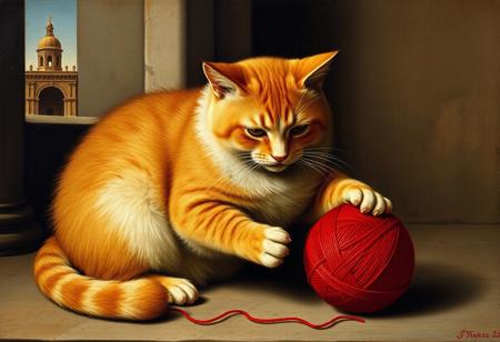 Long lost Leonardo da Vinci painting of a chubby ginger venetian cat playing with red threadball, 15th century Venice background
