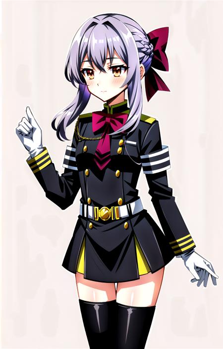 (masterpiece, top quality, best quality, official art, beautiful and aesthetic, anime style:1.4), (8k res, best quality, masterpiece:1.4), (looking away, blushing, cute, nervous, cowboy shot:1), 1girl, solo, Shinoa, (purple hair, purple colored hair, bangs, long flowing hair:1.2), (brown eyes, shining brown eyes:1.3), [smile, closed mouth:1.2], [small breasts:1], (Shinoa Uniform, black jacket, military uniform zettai ryouiki, black thighhighs, black knee-high boots, white gloves:1.4), (simple background:1.4), <lora:more_details:.3>, <lora:ShinoaLora:.7>