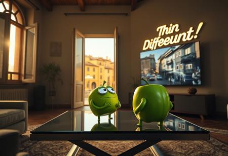 "In a stylish Italian apartment, an anthropomorphic green apple with expressive features—eyes, arms, and legs—sits on a sleek, glass coffee table, watching a massive high-tech OLED TV mounted on the wall. Golden sunlight pours through an open window, revealing a charming piazza with cobblestone streets and terracotta rooftops. On the screen, an Apple computer commercial plays, with vibrant visuals and futuristic product designs.
The green apple leans forward, its curious eyes glowing slightly, reflecting the hi-tech ambiance. Above the TV, a stunning, laser-cut cardboard sign reads 'Think Different!' in elegant, futuristic lettering, combining Renaissance artistry with cutting-edge tech. The sign is illuminated by soft LED strips, casting intricate shadows.
The apartment blends traditional Italian charm with modern technology: exposed brick and wooden beams meet hidden smart lighting, digital art frames, and a sleek, voice-activated sound system. The apple's glossy skin gleams under ambient lighting, perfectly merging Italy’s timeless beauty with high-tech luxury."