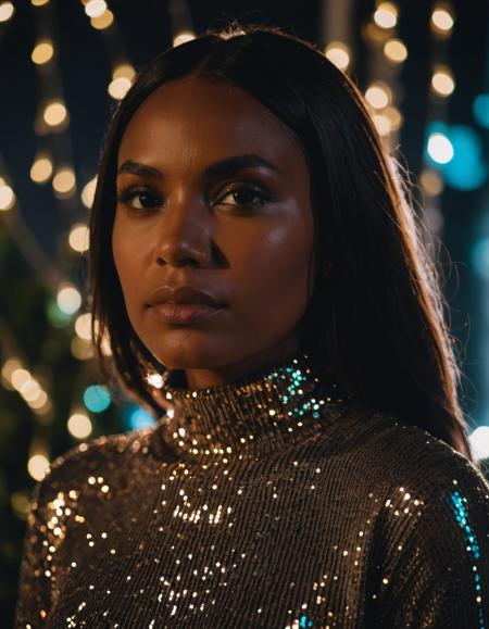 fairy lights, a character photo portrait of a Barbadian woman with brunette hair Wearing a modern, cut-out turtleneck sweater with a sequined midi skirt., unsplash, light and space, dramatic light on face, realistic face moody lighting, light falling on face