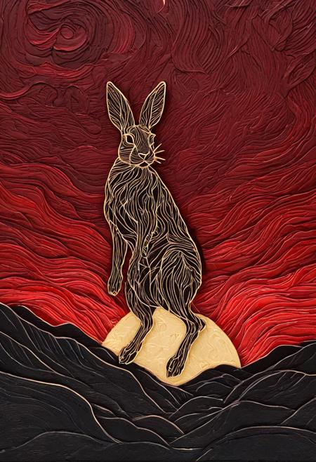 Thick layer, dark gold, bold lines, hyper detailed, a dark warm limited palette, chiaroscuro, linquivera, volumetric, liiv1, dimensional, depthr, high stack, heavy texture, tangible layers, papercut art of linquivera kylin, veins in shape of a wounded rabbit standing on two legs looking at the viewer anonymously and bleeding blood, rabbit is on top of a hill, moon shining with lighing rays