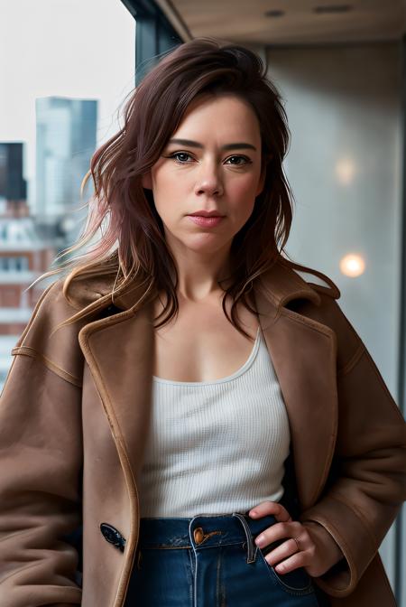 photo of (L0uS4nd01:0.99), a woman, RAW, close portrait photo, (long brown coat:1.2), (nice top,:1.2), (high rise jeans:1.2), (high detailed skin:1.2), 8k uhd, dslr, soft lighting, high quality, film grain, Fujifilm XT3 sharp focus, f 5.6