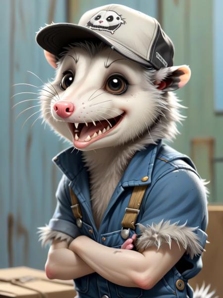 comic  <lora:Opossum-possum-000002:1> short round, disheveled,  opossum, possum, long nose and overalls  stained trucker hat . graphic illustration, comic art, graphic novel art, vibrant, highly detailed