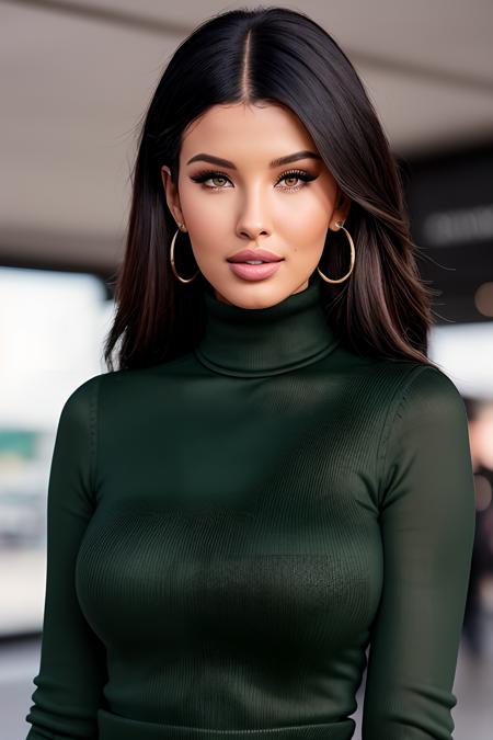 photo of beautiful (l1zamakhu:0.99), a woman as a TikTok celebrity, (elegant green turtleneck top:1.2), at the airport, suitcase, dark moody ambience (masterpiece:1.2) (photorealistic:1.2) (bokeh) (best quality) (detailed skin:1.2) (intricate details) (detailed eyes) (8k) (HDR) (cinematic lighting) (sharp focus), ((looking at the camera:1.2)), closeup, earrings. (smile512), (hands on her hips)