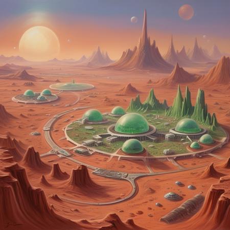 A pastel painting by "J. Carter", a young government scientist, depicting a fantastical city on Mars after terraforming, science-fiction city, painted in the 1940's, the city is called Mars Alma
Mars terraforming complete, only the high peaks remain of red sand, far away lakes. a couple of biodomes, savana