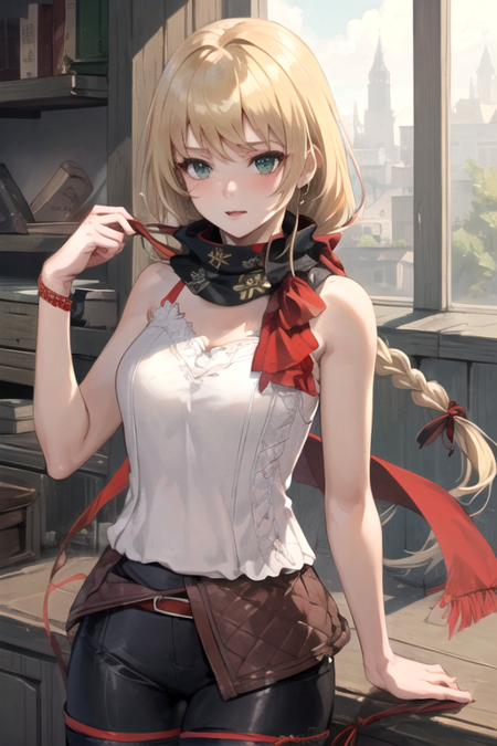 MidadolFF, 1girl, solo, very long hair, blonde hair, white shirt, bare shoulders, jewelry, medium breasts, green eyes, hair ribbon, single braid, sleeveless, belt, black pants, red thighhighs, black scarf, red scarf, bracelet, red ribbon, 