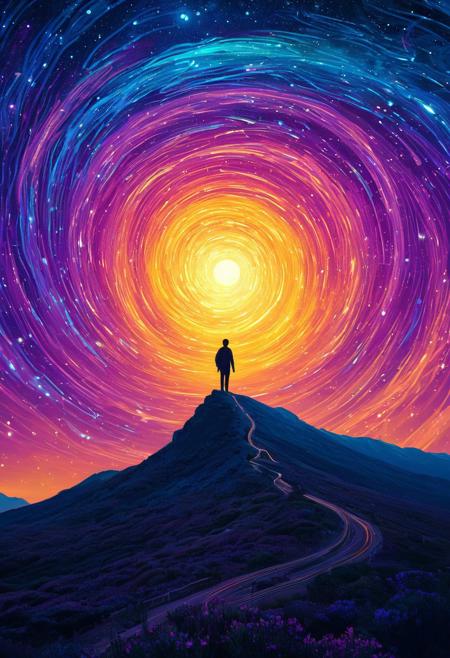 Cape Town in the Van Gogh style, starry sky, Dan Mumford, Andy Kehoe, In a swirling vortex of purple and blue hues, an android rises from the heart of a spiraling galaxy. Its metallic body glows with an ethereal light, as if infused with the essence of stars. The Impossible shapes surrounding it take on a life of their own, twisting and contorting in impossible ways, as if drawn by some unseen force. The camera's eye captures this surreal scene through the lens of a double exposure photograph, blending the android's presence with the celestial backdrop. As the sun rises over the horizon, its warm rays backlight the android, casting an otherworldly glow across, <lora:Flux_Turbo_Alpha.safetensors:1.0> <lora:special-style.safetensors:0.7> ethereal dreams, glowing ethereal visuals <lora:aidmaImageUprader-FLUX-v0.3.safetensors:0.4> aidmaimageupgrader