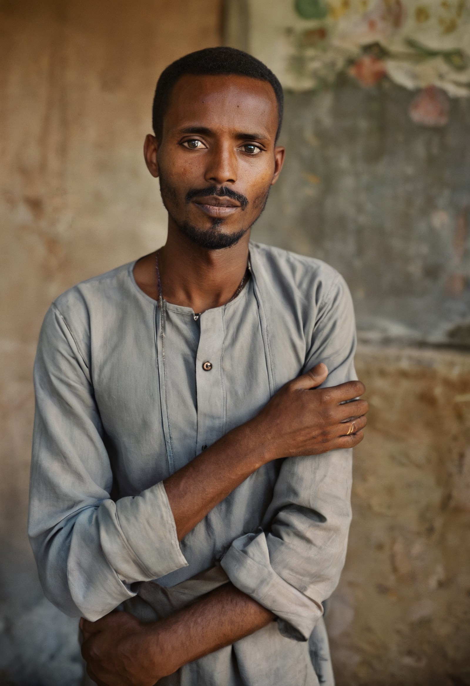 Photography in (stvmccrr style), a Somalian male, analog film, film grain, kodachrome, rich colors, emotive humane photogr...