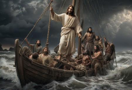 highly detailed photograph of jesus welcomed aboard his  disciples soaked sailboat , epic biblical depiction,  coming out of the ocean, they come ashore, the weather is calmed, storm is far away, rocks and snad of the shore seen on the picture