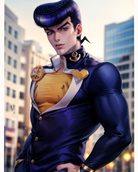 1boy,  <lora:josukejojo2:1.2> , solo, gakuran ,(best quality), (ultra detailed),(highres), absurdres, ((josukejojo)), halfbody,  <lora:aoArtstyleLora_v10:0.4> <lora:sakimiChanLora_v10:0.6> outdoors background, school