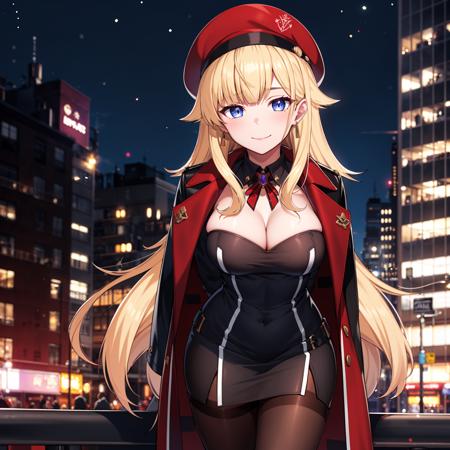 1girl, solo, long hair, bangs,  dark blue eyes, blonde hair, very long hair, evil smile, glint, 
gloves, long sleeves, hat, dress, cleavage, jewelry, closed mouth,  jacket, pantyhose, earrings, black gloves, black dress, coat, black pantyhose, beret, short dress, red headwear, brown pantyhose, coat on shoulders, (leaning forward), ((arms behind back)), hands behind back,
cityscape, night, city lights, 
 <lora:gambler_dark_sushi:0.65>